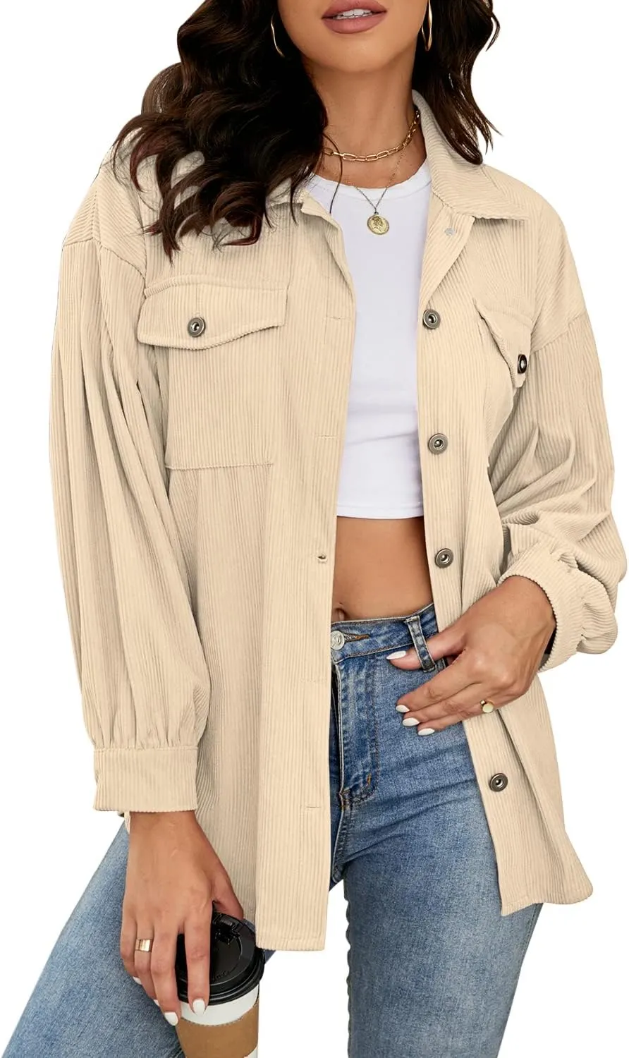 Plus Size Corduroy Jacket for Women Casual Long Sleeve Button Down Shacket Jacket