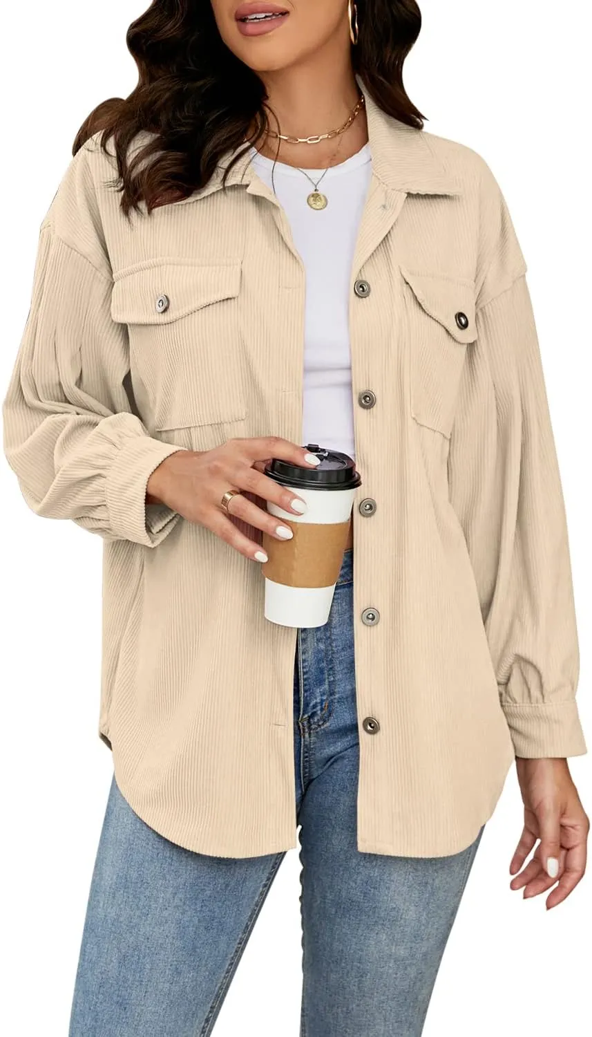 Plus Size Corduroy Jacket for Women Casual Long Sleeve Button Down Shacket Jacket
