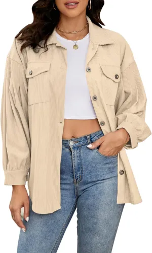 Plus Size Corduroy Jacket for Women Casual Long Sleeve Button Down Shacket Jacket