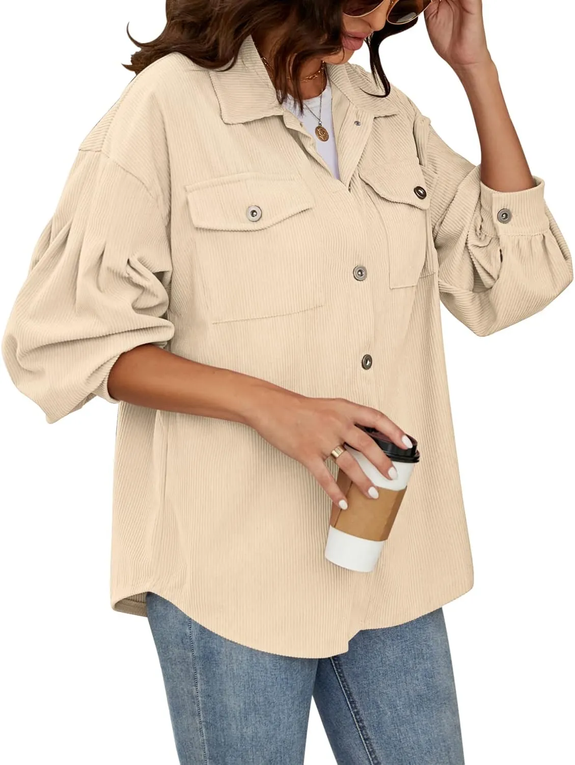 Plus Size Corduroy Jacket for Women Casual Long Sleeve Button Down Shacket Jacket
