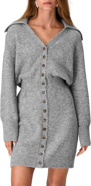 PRETTYGARDEN Sweater Dresses for Women 2025 Trendy Long Sleeve Button Down Short Spring Dress