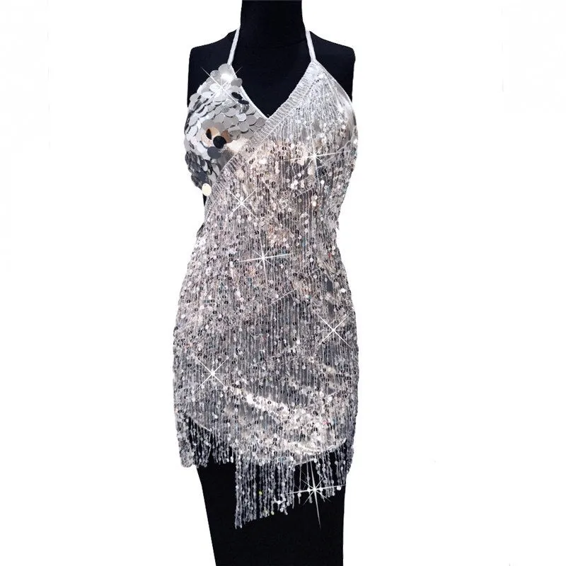 Sequin Fringed Halter Dress
