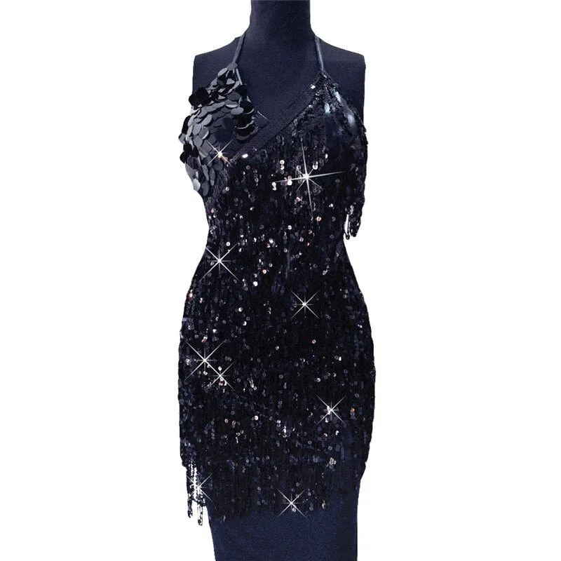 Sequin Fringed Halter Dress