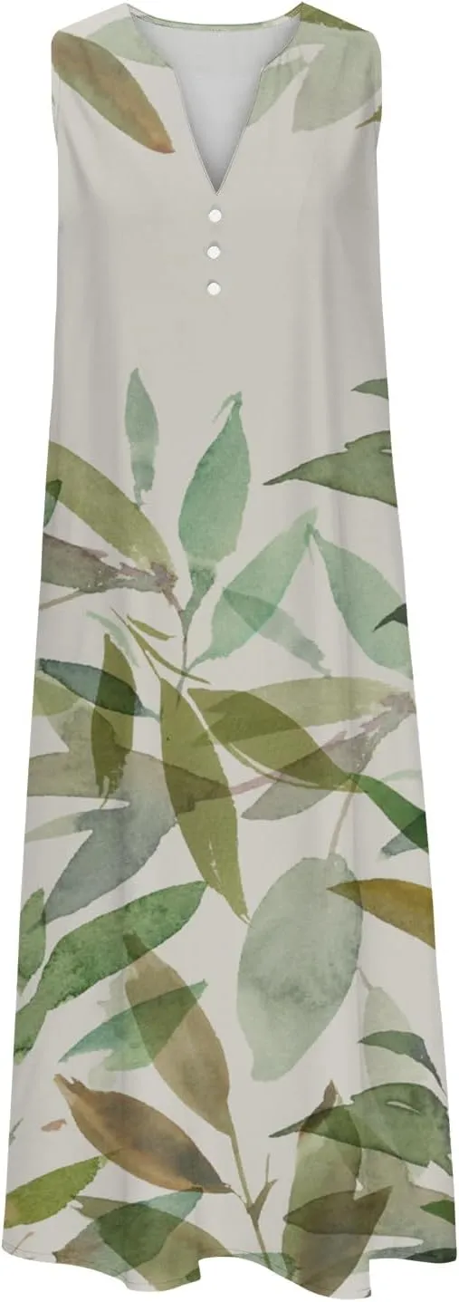 SMIDOW Womens Summer Casual Dress Fashion Floral Printed Elegant Sleeveless V-Neck Long Dress with Pockets