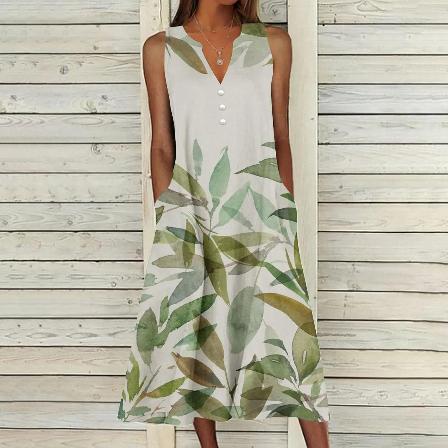 SMIDOW Womens Summer Casual Dress Fashion Floral Printed Elegant Sleeveless V-Neck Long Dress with Pockets