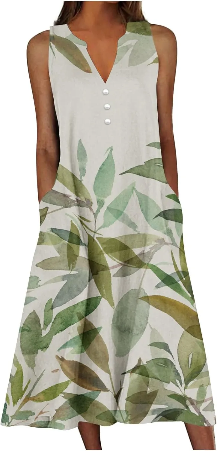 SMIDOW Womens Summer Casual Dress Fashion Floral Printed Elegant Sleeveless V-Neck Long Dress with Pockets