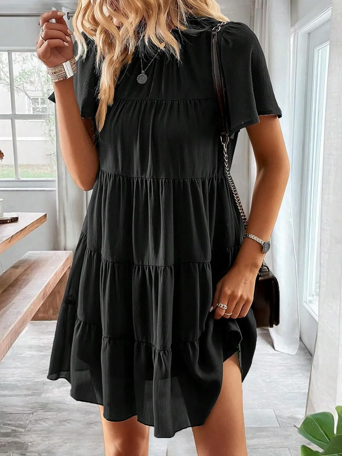 Solid Ruffle Hem Smock Dress Vacation Mini Dress Outfits