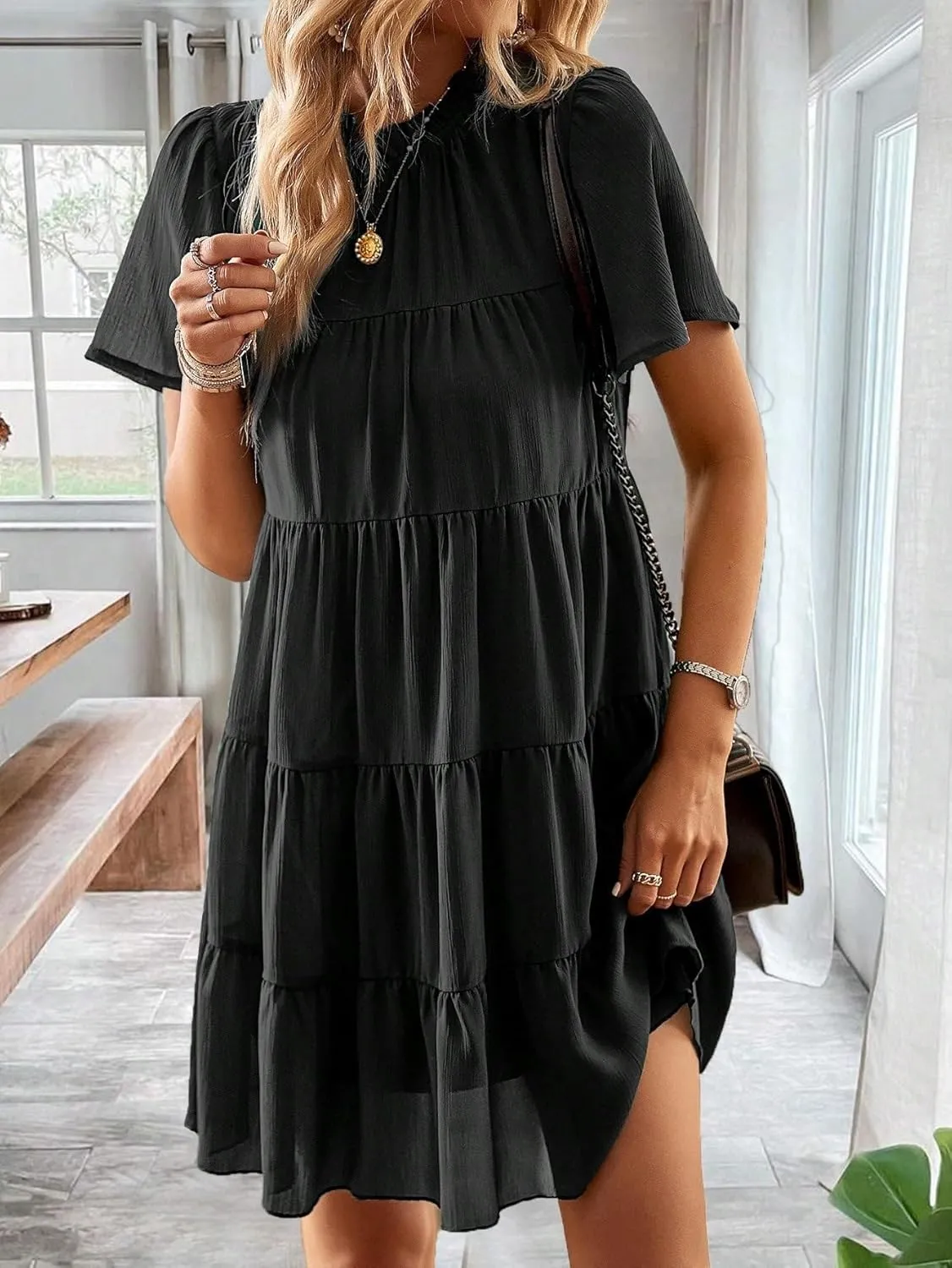 Solid Ruffle Hem Smock Dress Vacation Mini Dress Outfits