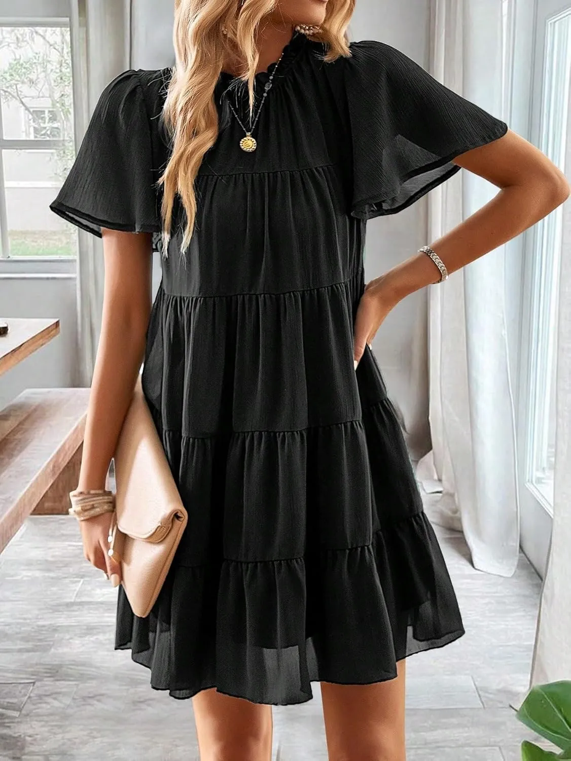 Solid Ruffle Hem Smock Dress Vacation Mini Dress Outfits