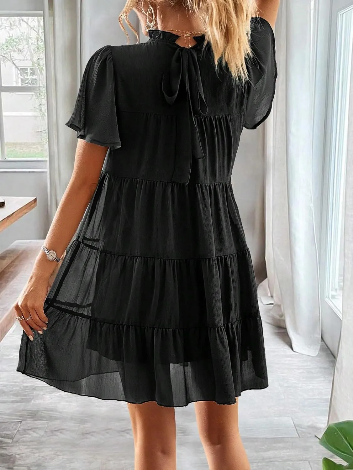 Solid Ruffle Hem Smock Dress Vacation Mini Dress Outfits
