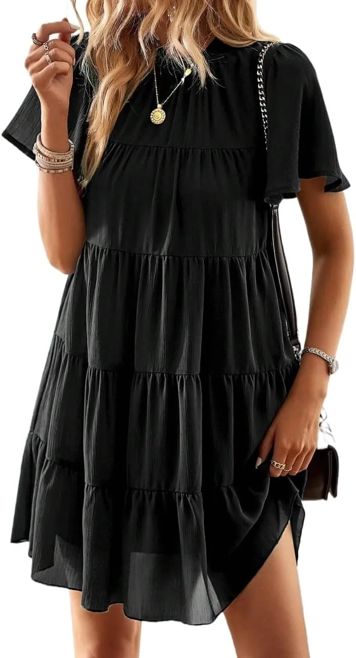 Solid Ruffle Hem Smock Dress Vacation Mini Dress Outfits