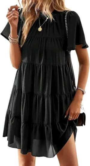 Solid Ruffle Hem Smock Dress Vacation Mini Dress Outfits