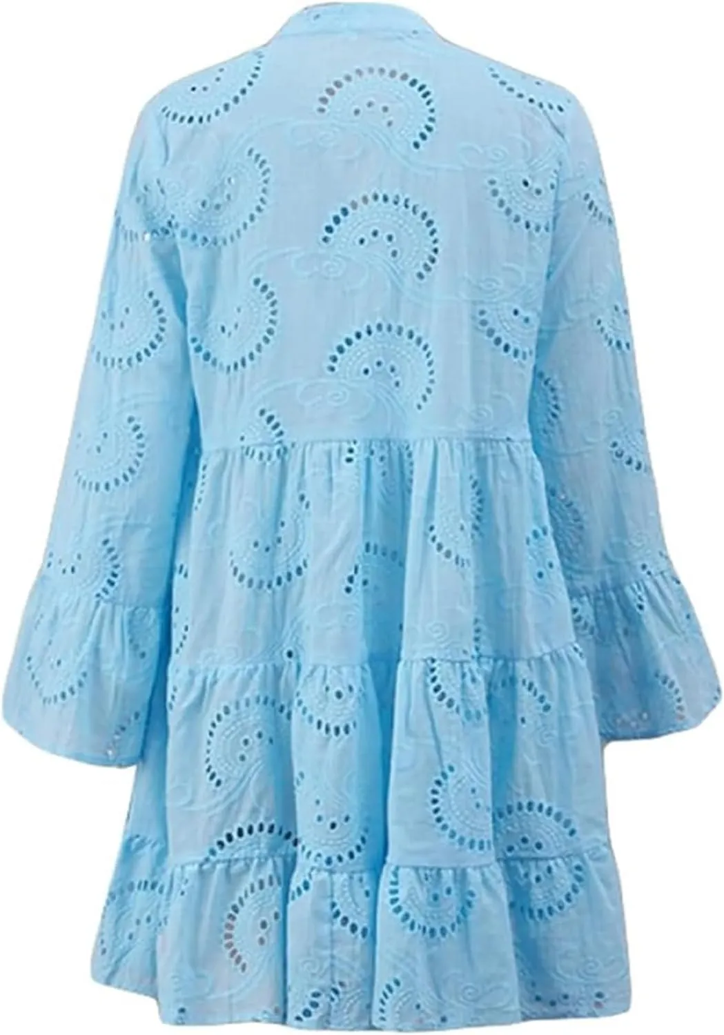 Summer Dresses for Women Floral Boho V Neck Button Down Hollow Out Lace Eyelet Embroidery Midi Flowy Swing Solid
