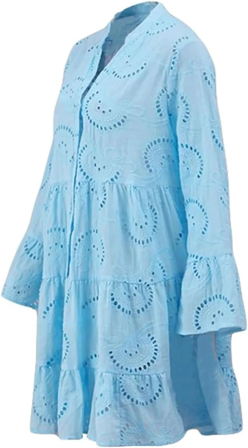 Summer Dresses for Women Floral Boho V Neck Button Down Hollow Out Lace Eyelet Embroidery Midi Flowy Swing Solid