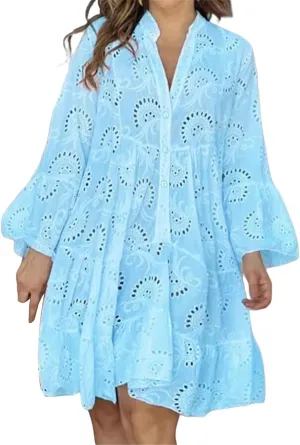 Summer Dresses for Women Floral Boho V Neck Button Down Hollow Out Lace Eyelet Embroidery Midi Flowy Swing Solid