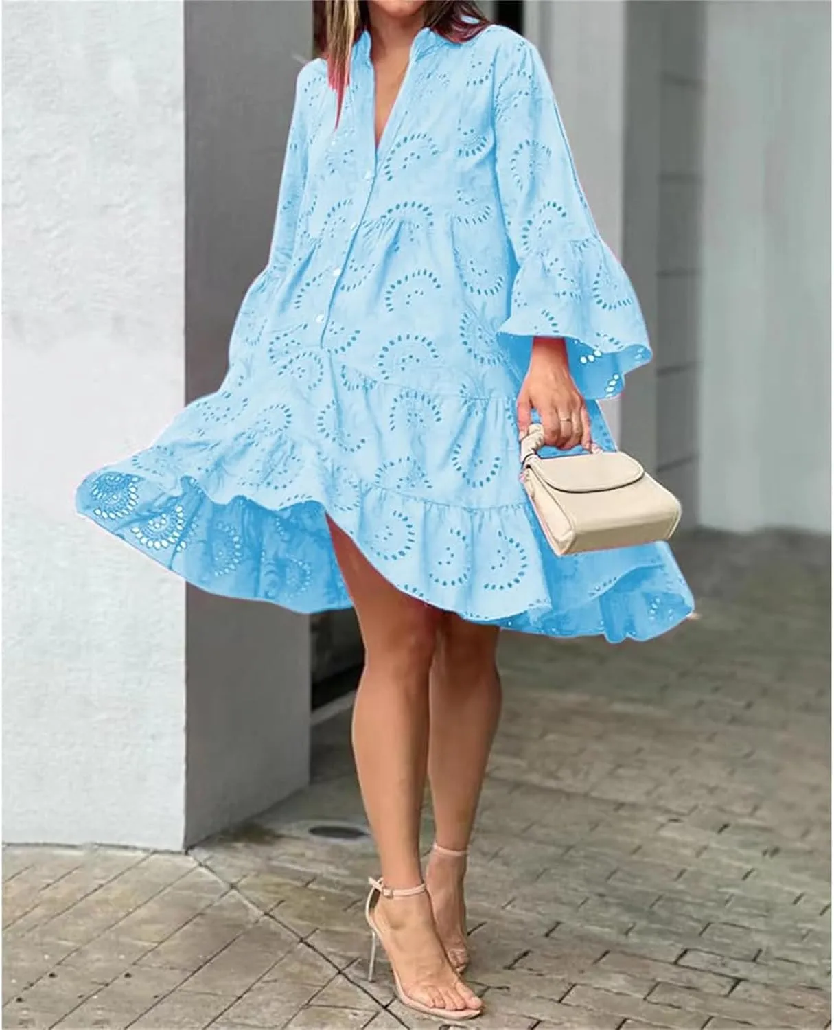 Summer Dresses for Women Floral Boho V Neck Button Down Hollow Out Lace Eyelet Embroidery Midi Flowy Swing Solid