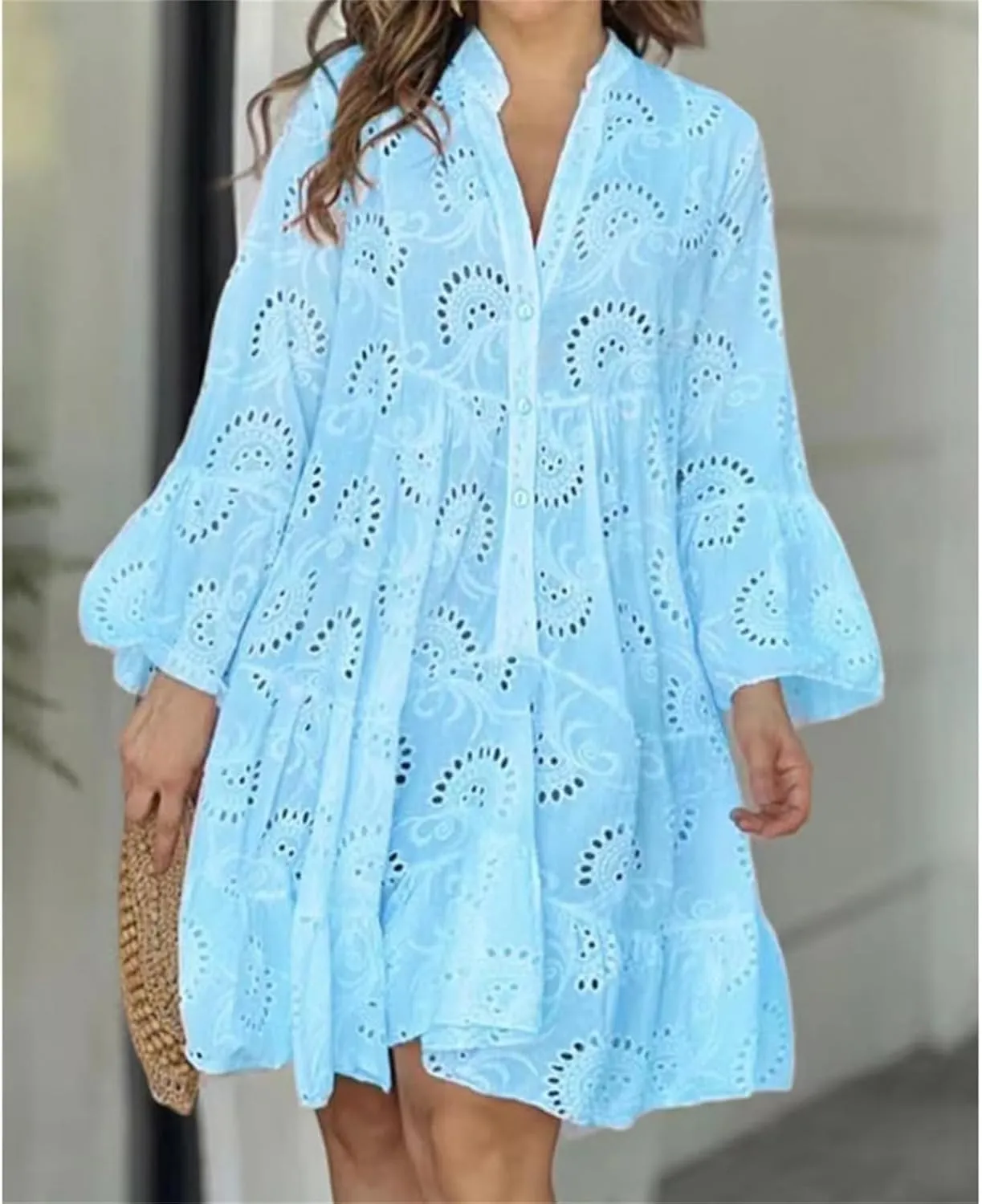 Summer Dresses for Women Floral Boho V Neck Button Down Hollow Out Lace Eyelet Embroidery Midi Flowy Swing Solid