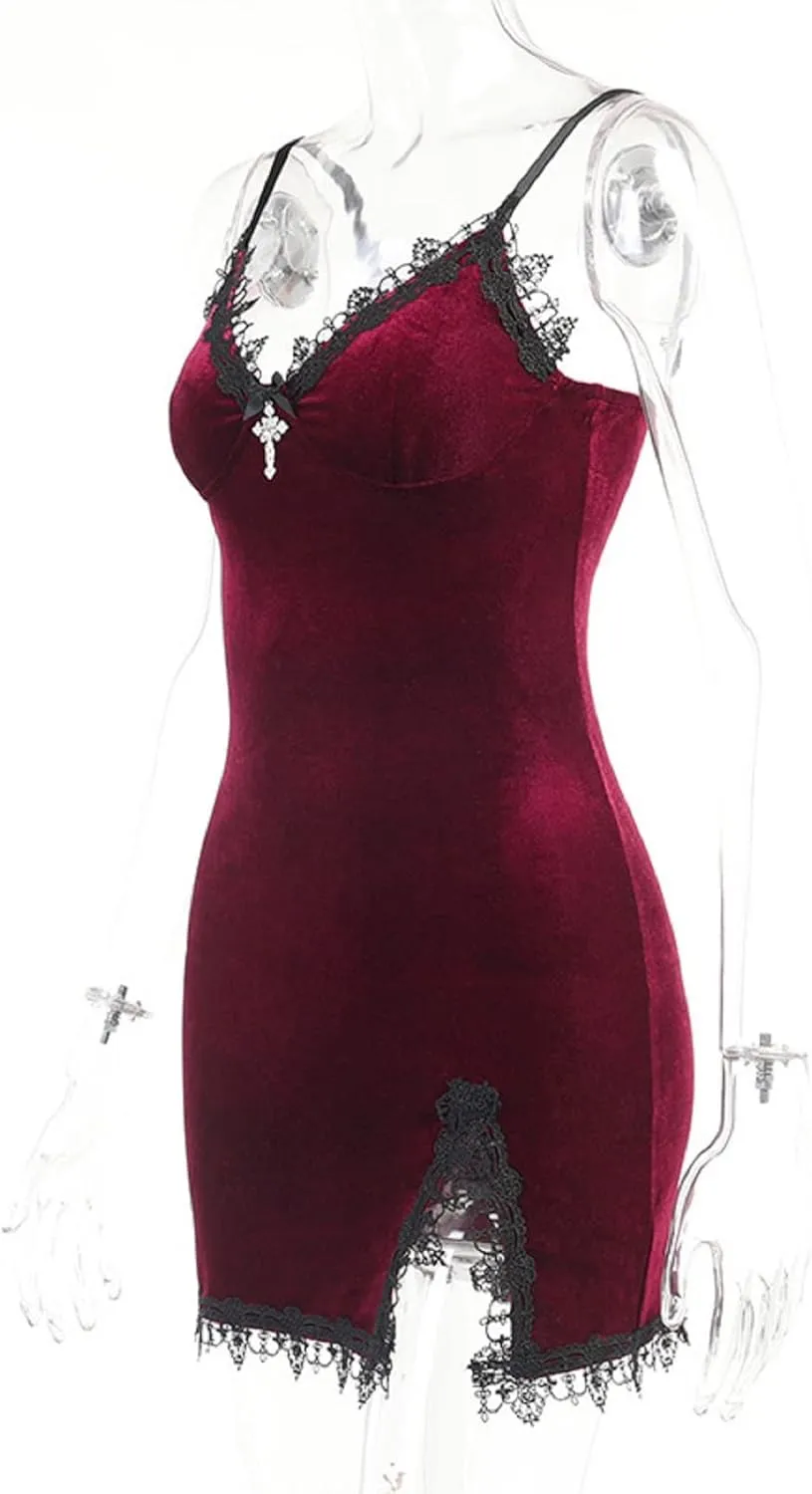 TSMNZMU Women Gothic Mini Dress Velvet Sleeveless Lolita Dresses Emo Grunge Punk Dress Goth Sexy Halter Dress