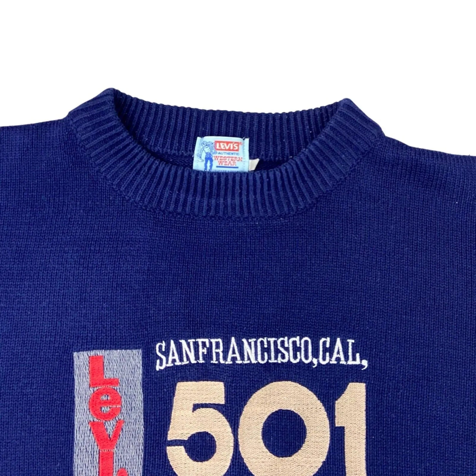 Vintage 90s Blue Embroidered Levi’s Knitted Jumper M