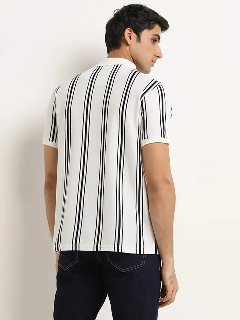 WES Casuals White Stripe Print Slim-Fit Polo T-Shirt