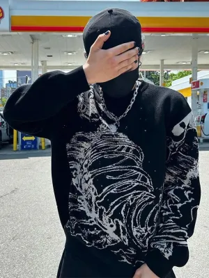 Wiaofellas  -  Fashion Street Men's Knitted Sweater Casual Loose Round Neck Jacquard Pullover Male Autumn Long Sleeve Jumpers Knitwear