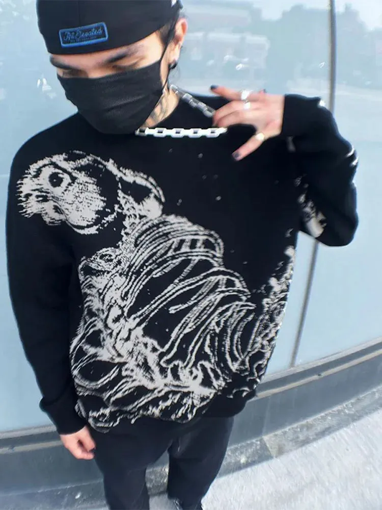 Wiaofellas  -  Fashion Street Men's Knitted Sweater Casual Loose Round Neck Jacquard Pullover Male Autumn Long Sleeve Jumpers Knitwear