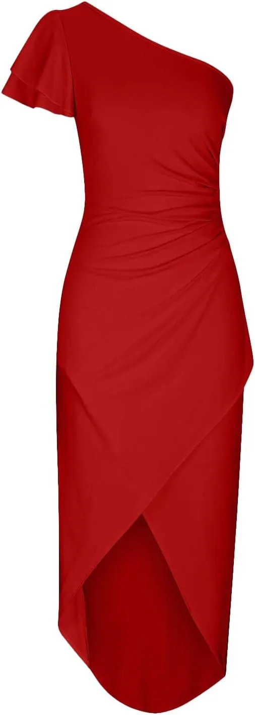 Women 2025 Summer Elegant One Shoulder Cocktail Dress Ruffle Sleeve Wrap Ruched Bodycon Short Party Midi Dresses