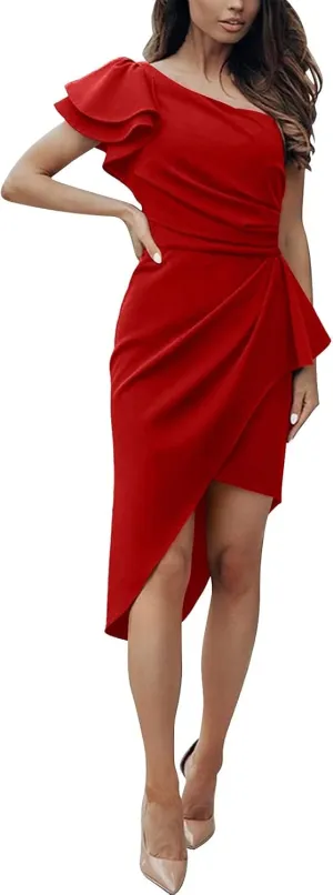 Women 2025 Summer Elegant One Shoulder Cocktail Dress Ruffle Sleeve Wrap Ruched Bodycon Short Party Midi Dresses