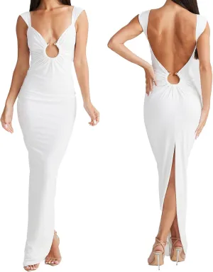 Women Sexy Backless Dress V Neck Sleeveless Open Back Split Maxi Dress Party Cocktail Bodycon Long Dress