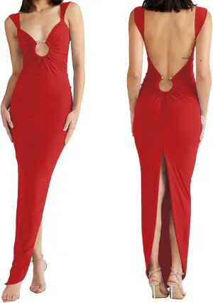 Women Sexy Backless Dress V Neck Sleeveless Open Back Split Maxi Dress Party Cocktail Bodycon Long Dress