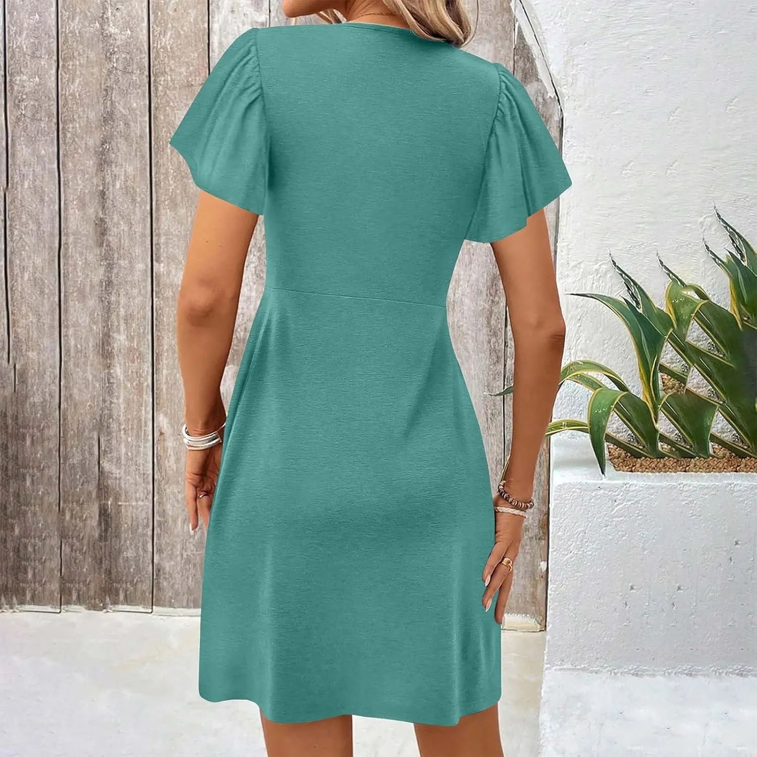 Womens Casual Summer Twist Front V Neck Short Sleeve Mini Dress, Elegant Short Sleeve Swing Sundress Beach Outfits