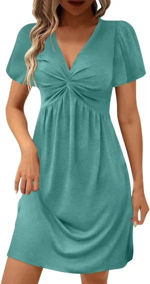 Womens Casual Summer Twist Front V Neck Short Sleeve Mini Dress, Elegant Short Sleeve Swing Sundress Beach Outfits
