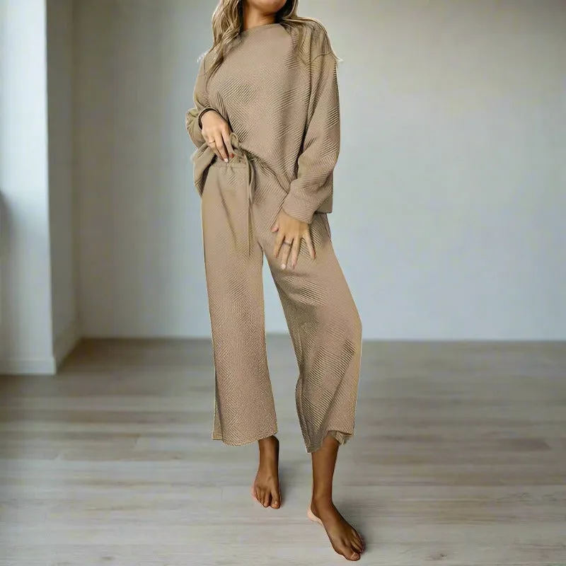 Women's Casual Textured Solid Color Loose Thick Long Sleeved Sweatshirt and Pants Two-piece Outfit Set