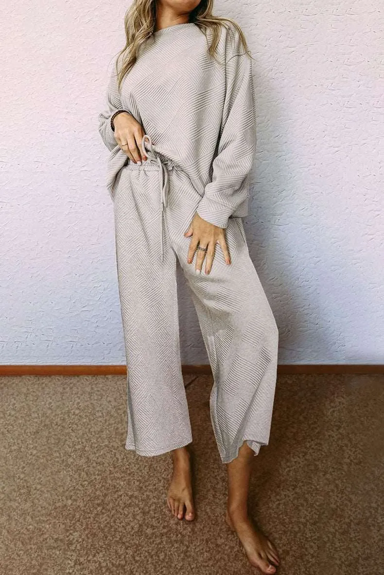 Women's Casual Textured Solid Color Loose Thick Long Sleeved Sweatshirt and Pants Two-piece Outfit Set