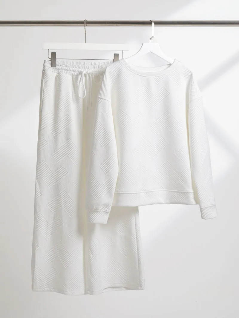 Women's Casual Textured Solid Color Loose Thick Long Sleeved Sweatshirt and Pants Two-piece Outfit Set