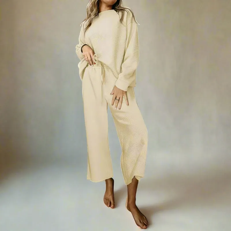 Women's Casual Textured Solid Color Loose Thick Long Sleeved Sweatshirt and Pants Two-piece Outfit Set