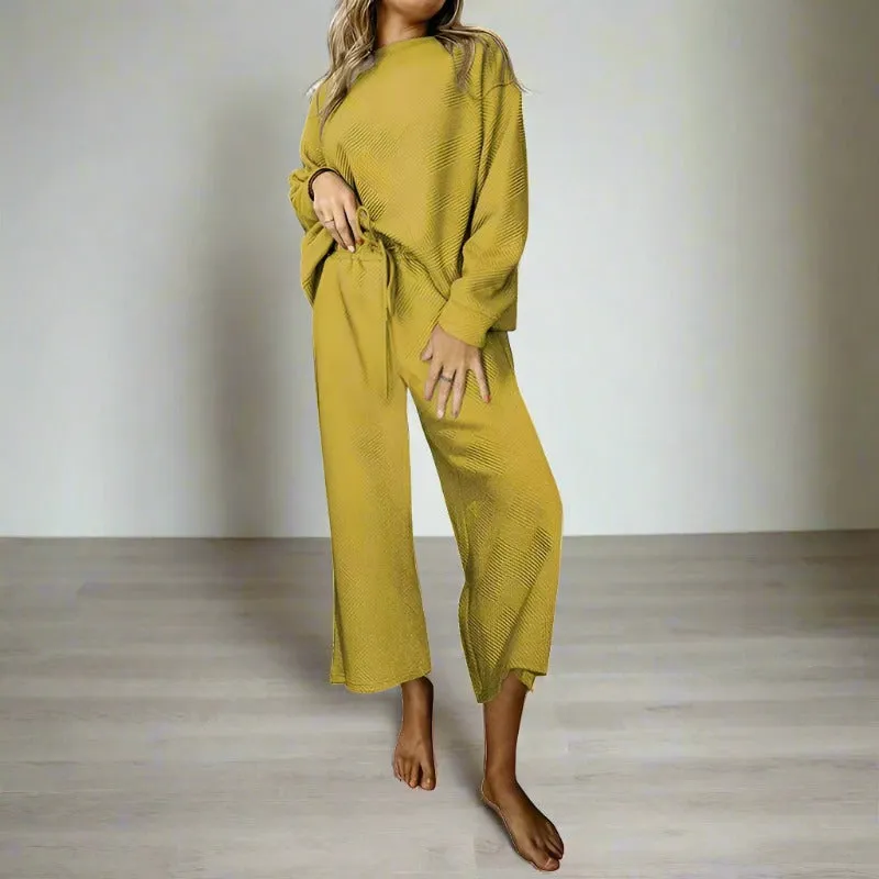 Women's Casual Textured Solid Color Loose Thick Long Sleeved Sweatshirt and Pants Two-piece Outfit Set