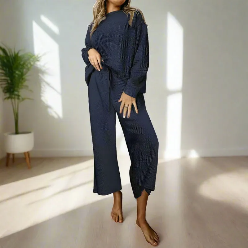 Women's Casual Textured Solid Color Loose Thick Long Sleeved Sweatshirt and Pants Two-piece Outfit Set