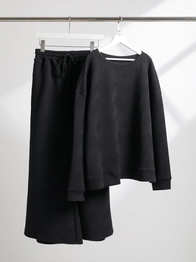 Women's Casual Textured Solid Color Loose Thick Long Sleeved Sweatshirt and Pants Two-piece Outfit Set