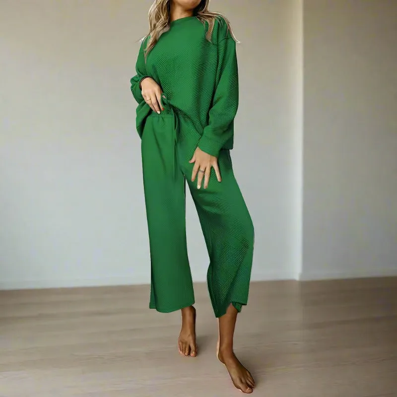 Women's Casual Textured Solid Color Loose Thick Long Sleeved Sweatshirt and Pants Two-piece Outfit Set