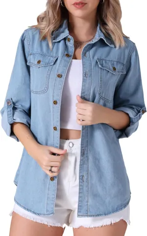Women's Denim Shirt Button Down Long Sleeve Pockets Jean Jackets Casual Western Jean Shirts