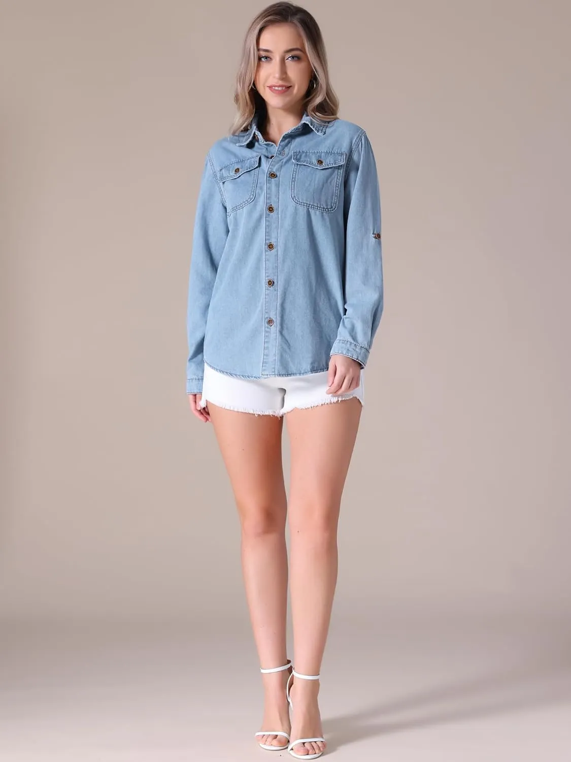 Women's Denim Shirt Button Down Long Sleeve Pockets Jean Jackets Casual Western Jean Shirts
