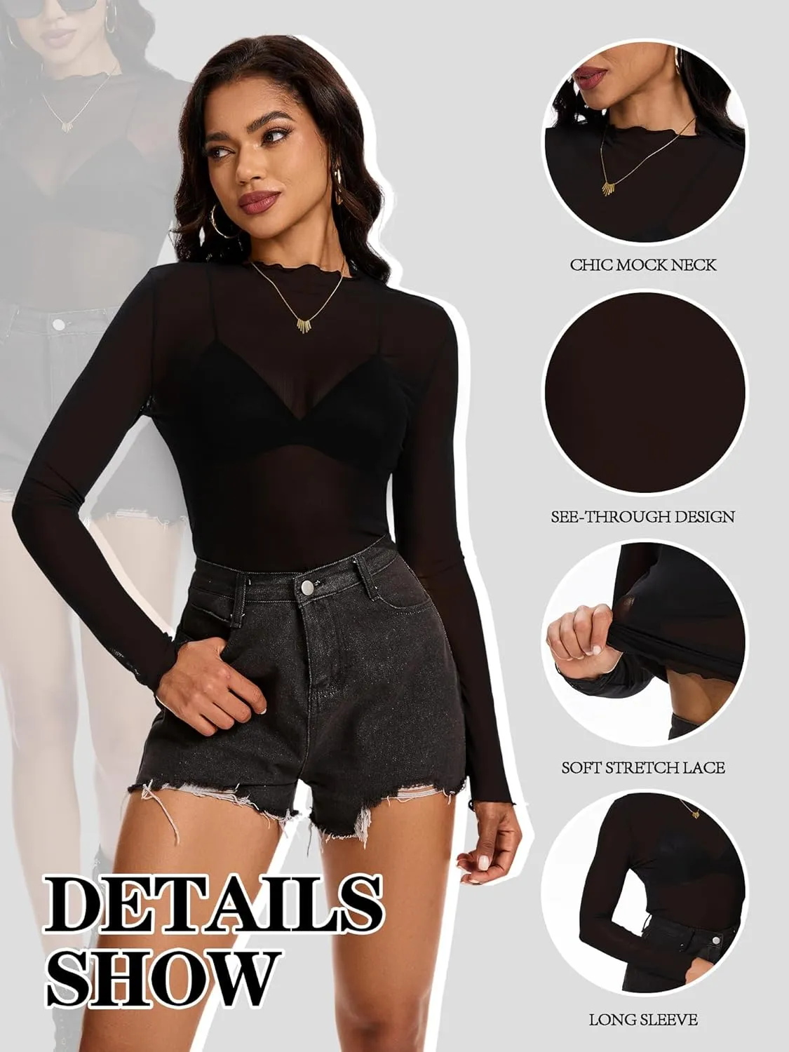 Womens Lace Long Sleeve Mesh Top Mock Neck Sheer Blouse See Through Floral Layering Shirt