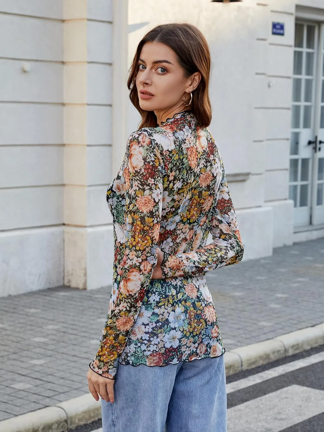 Womens Lace Long Sleeve Mesh Top Mock Neck Sheer Blouse See Through Floral Layering Shirt