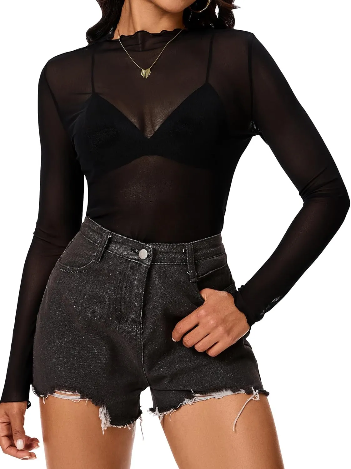 Womens Lace Long Sleeve Mesh Top Mock Neck Sheer Blouse See Through Floral Layering Shirt