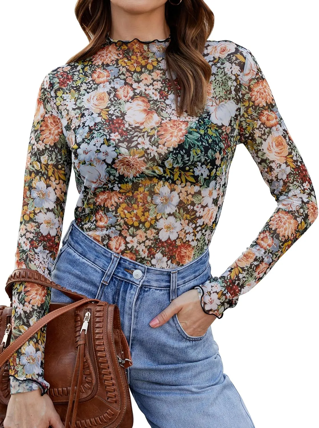 Womens Lace Long Sleeve Mesh Top Mock Neck Sheer Blouse See Through Floral Layering Shirt