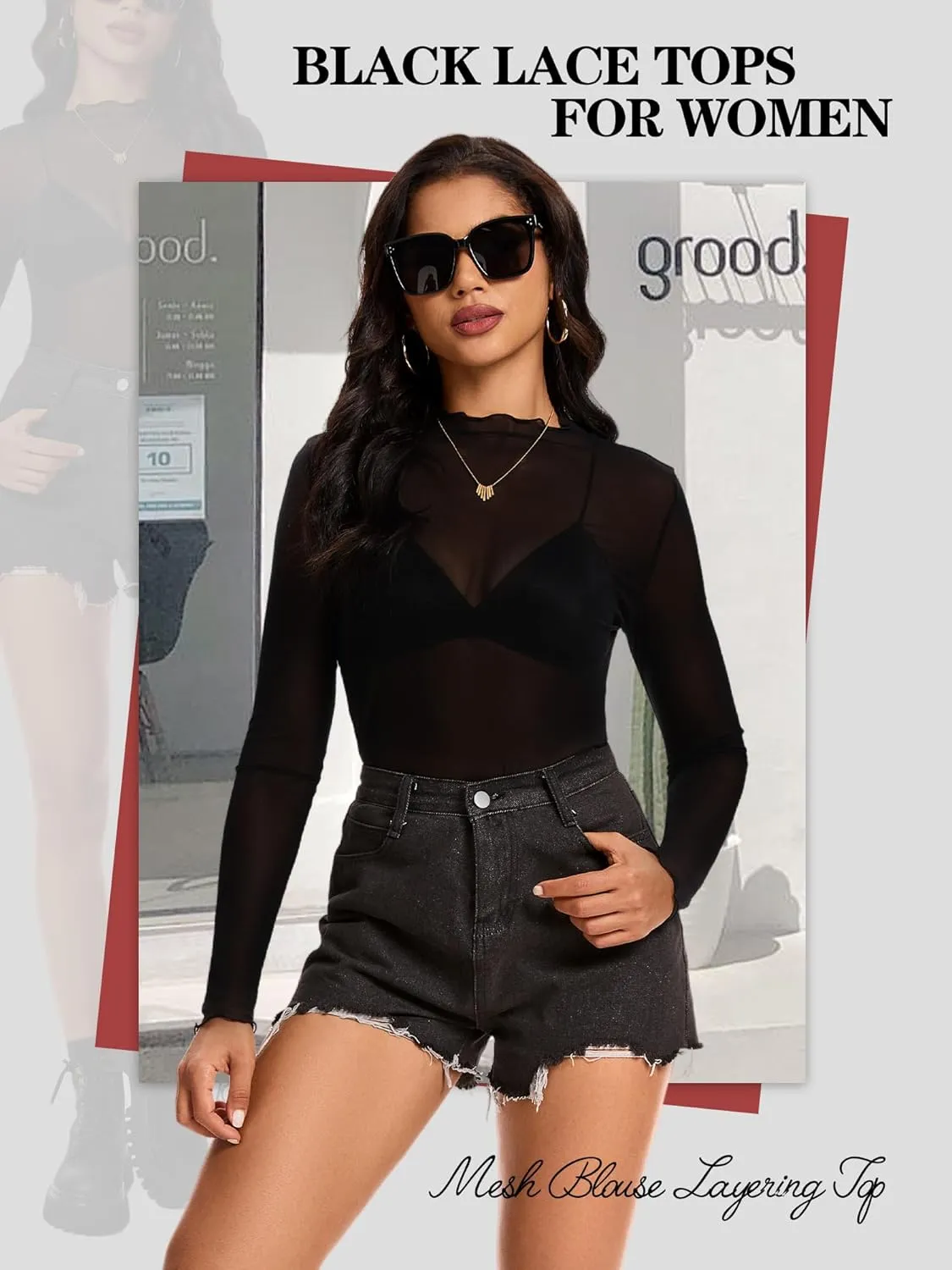 Womens Lace Long Sleeve Mesh Top Mock Neck Sheer Blouse See Through Floral Layering Shirt