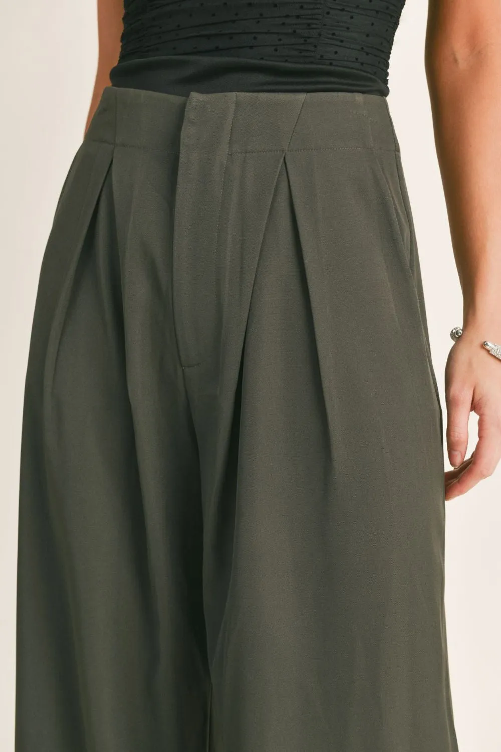 Women's Pleated Wide Leg Pants | Dark Green