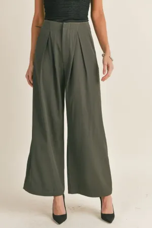 Women's Pleated Wide Leg Pants | Dark Green