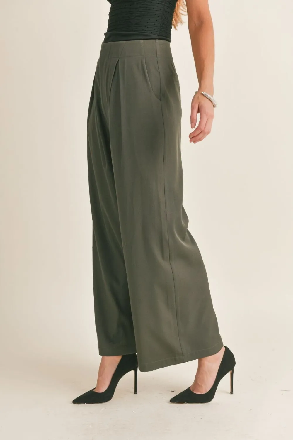 Women's Pleated Wide Leg Pants | Dark Green
